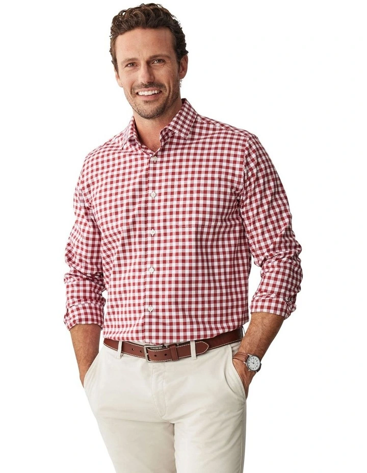 Easy Care Melange Gingham Long Sleeve Shirt in Red