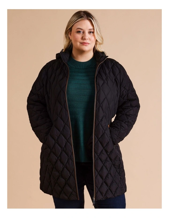 Recycled Polyester Longline Quilted Jacket With PU Trim in Black