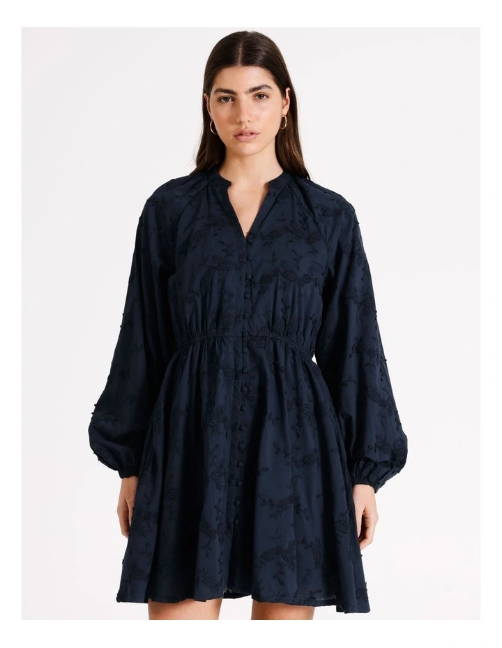 Embroidery Applique Cotton Mini Dress in Navy