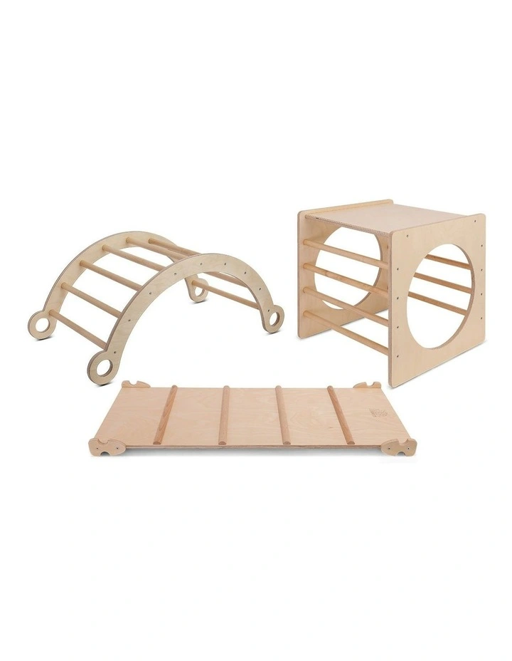 Pikler Climbing Frame Package with Slide, Arch & Cube in Brown