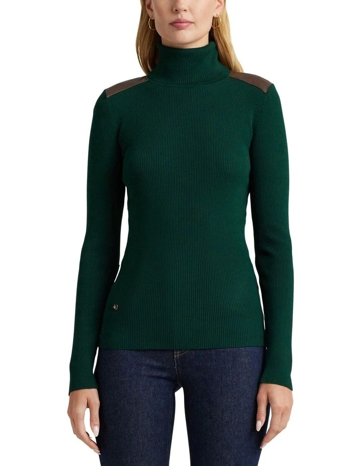 Faux-Leather-Trim Ribbed Turtle neck Top in Green
