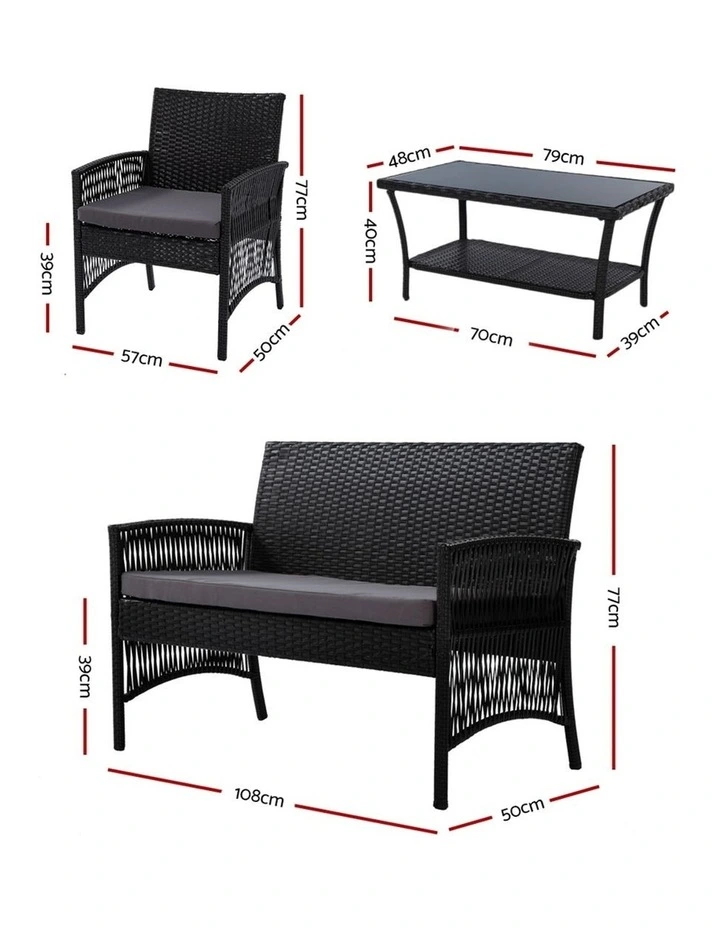 Outdoor Sofa Set Wicker Harp Chair Table Garden Furniture 4PCS in Black