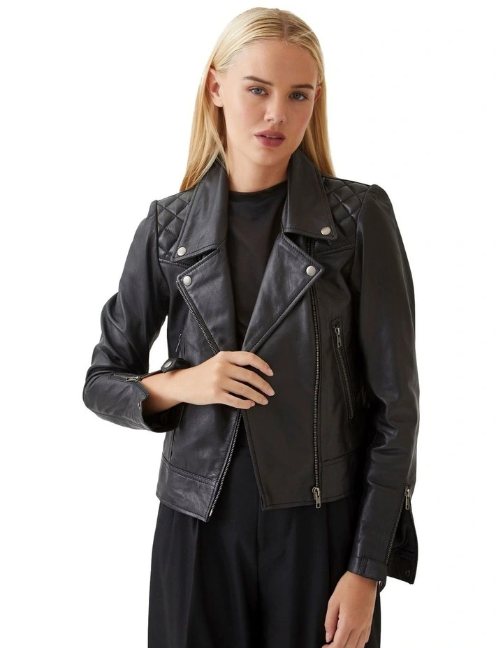 Emma Biker Leather Jacket in Black