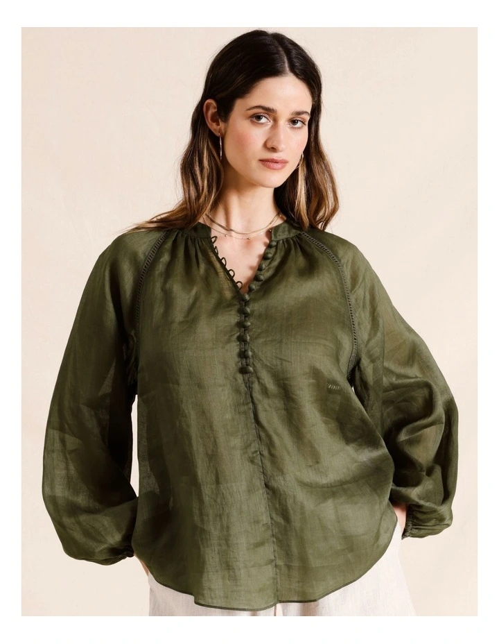 Ramie High Neck Button Blouse in Khaki