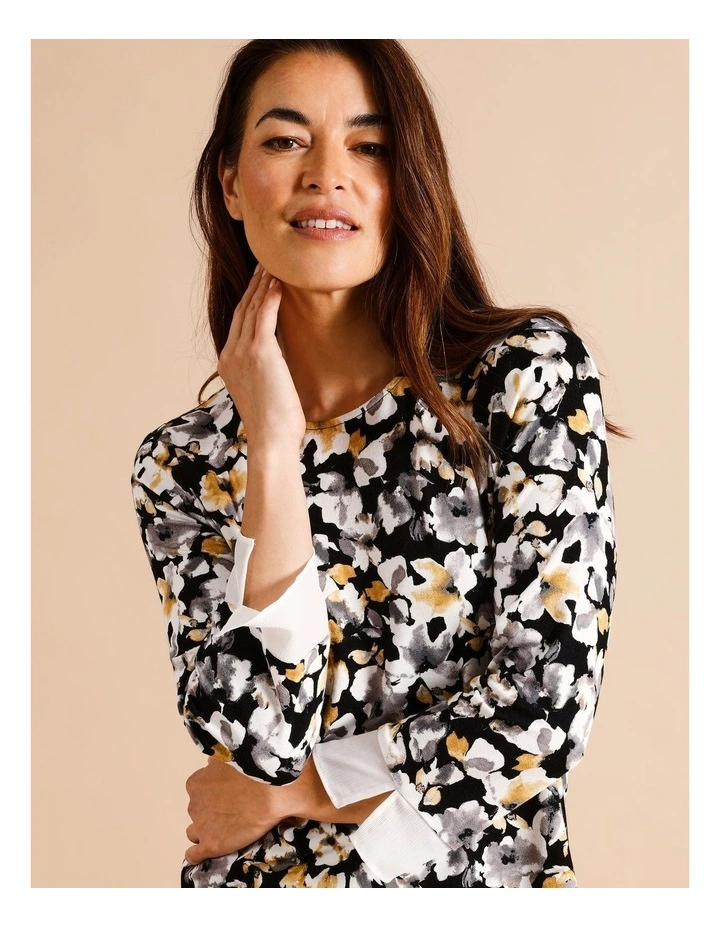 Sustainable Viscose Blend Sheer Trim 3/4 Sleeve Tee In Ochre/Black Floral