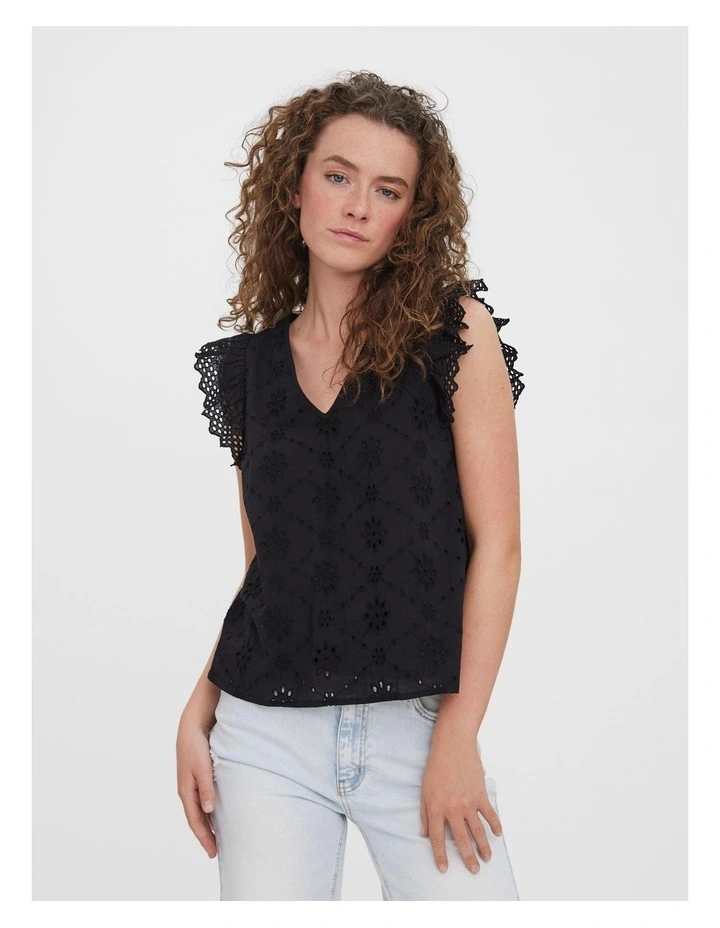 Lea Embellished Cotton Frill Top in Black