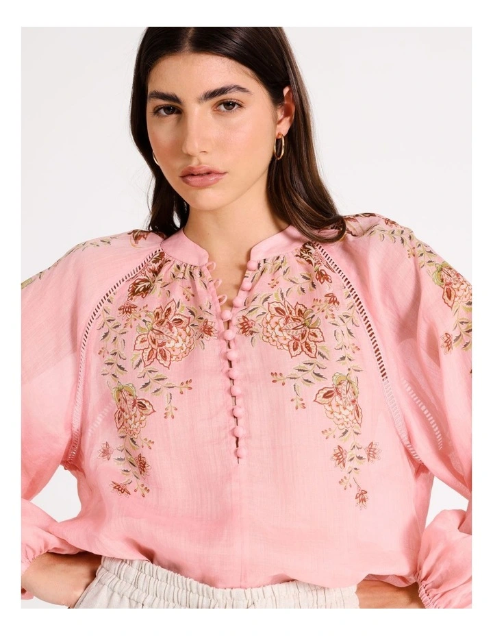 Ramie High Neck Button Blouse in Light Pink