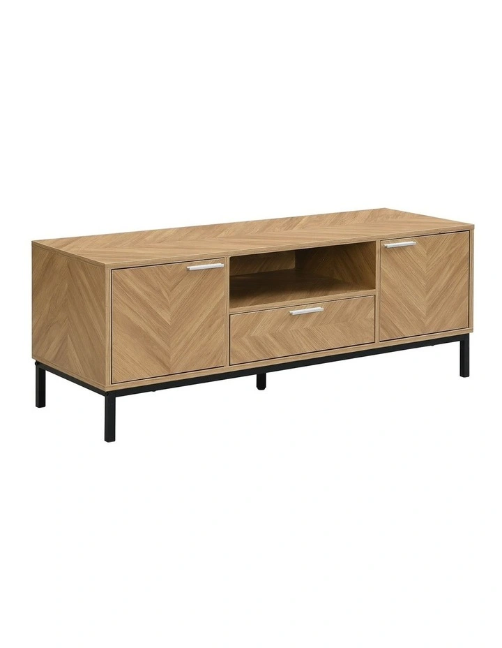 TV Stand Storage with Open Shelf and Two Cabinets in Oak