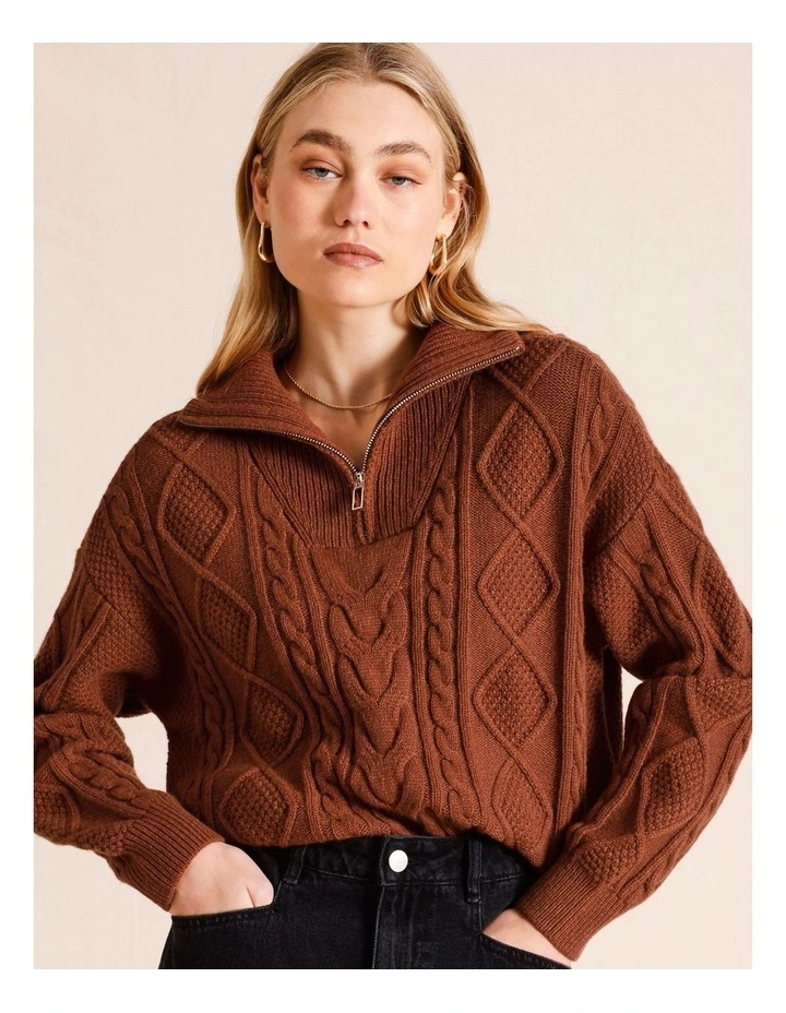 Half Zip Cable Knit Jumper in Chocolate