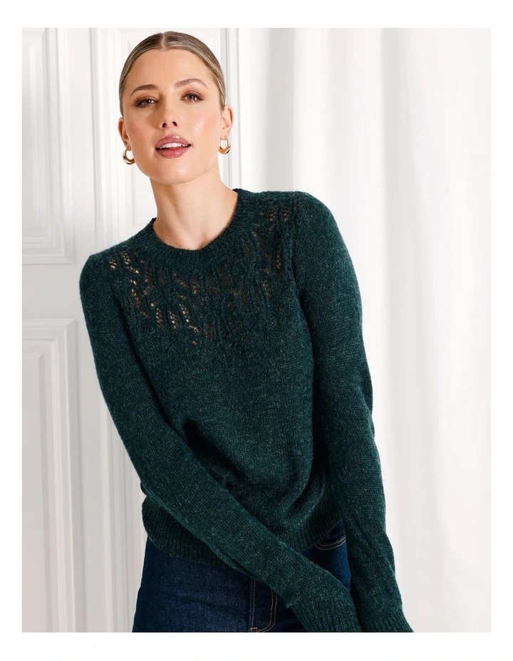 Lofty Pointelle Detail Knit Jumper in Dark Green