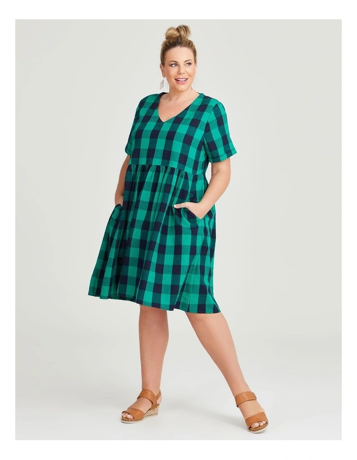 Cotton Check V-neck Dress in Parakeet Green, Navy