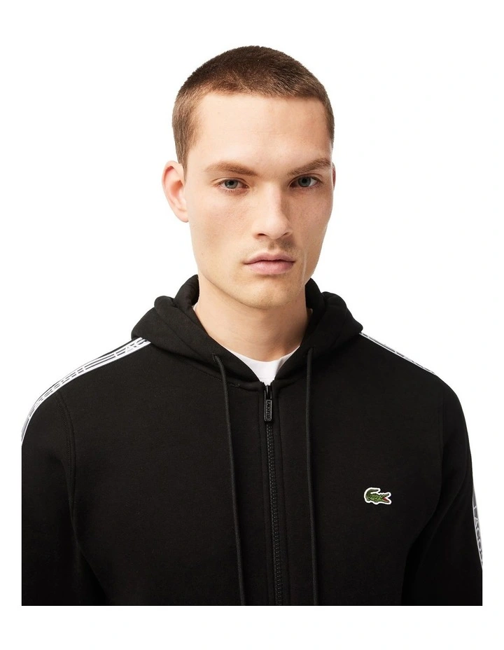 Logo Tape Fleece Zip Front Hoodie in Black