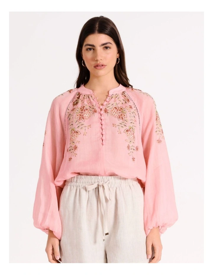 Ramie High Neck Button Blouse in Light Pink