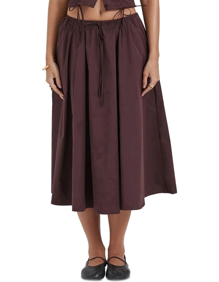 Cora Gathered Midi Skirt in Rich Brown