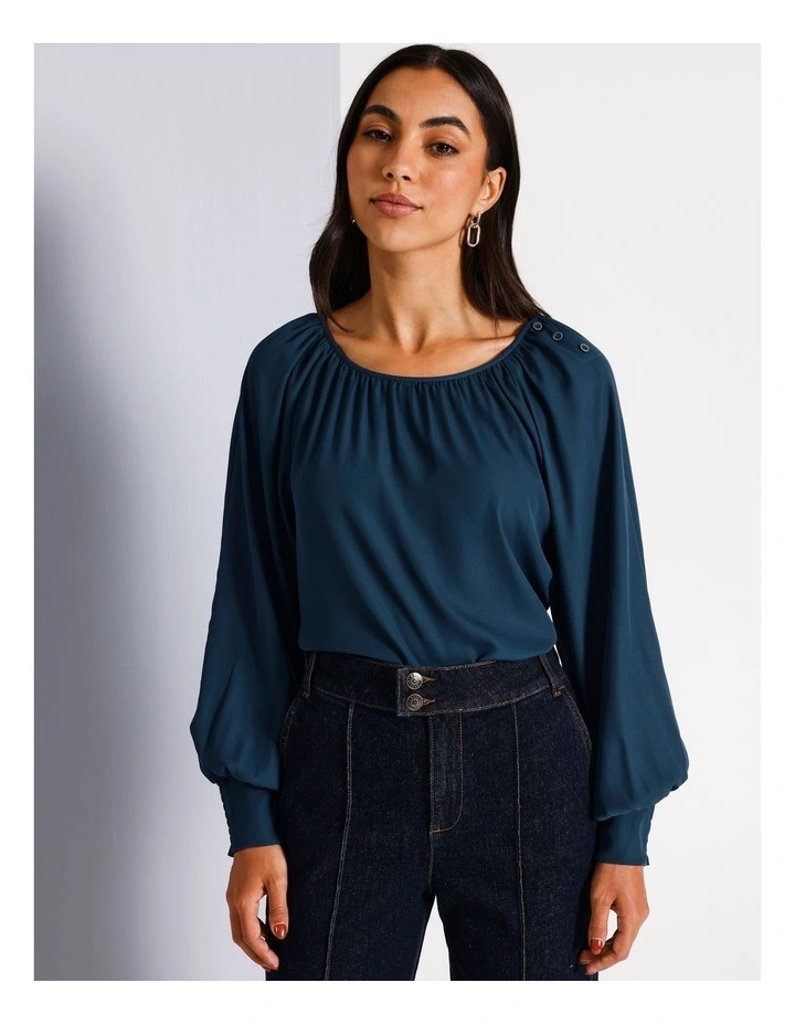 Recycled Poly Blend Gathered Neck Top in Airforce