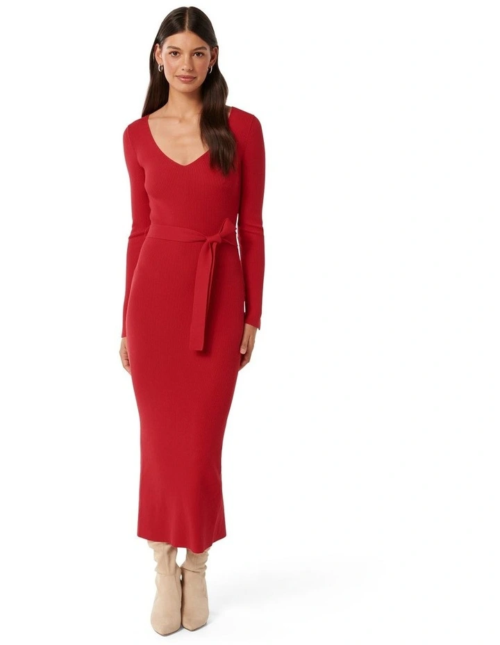 Isobel Rib Knit Midi Dress in Red