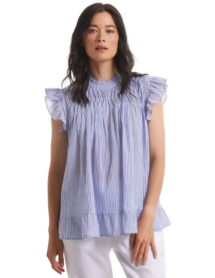 Smocked Pinstripe Top in Blue