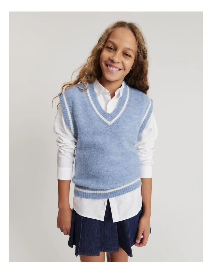 Teen Fluffy Knit Vest in Dusty Blue
