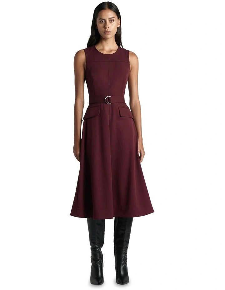 Eco Twill Belted A-Line Dress in Bordeaux