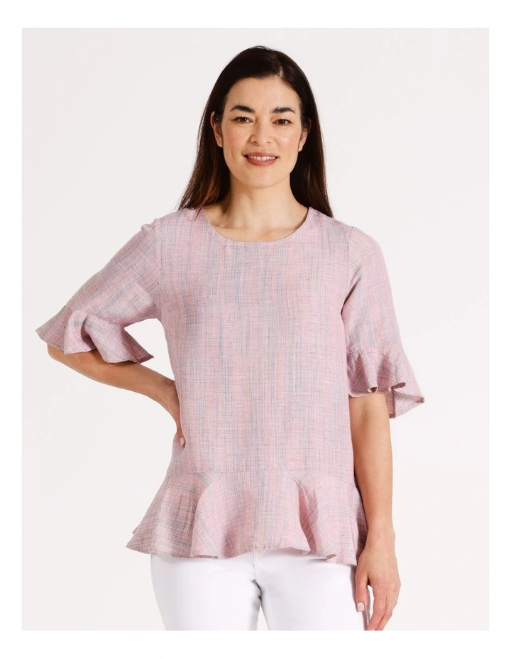 Fluted Hem And Sleeve Top in Pink/Multi Coloured Crossdye