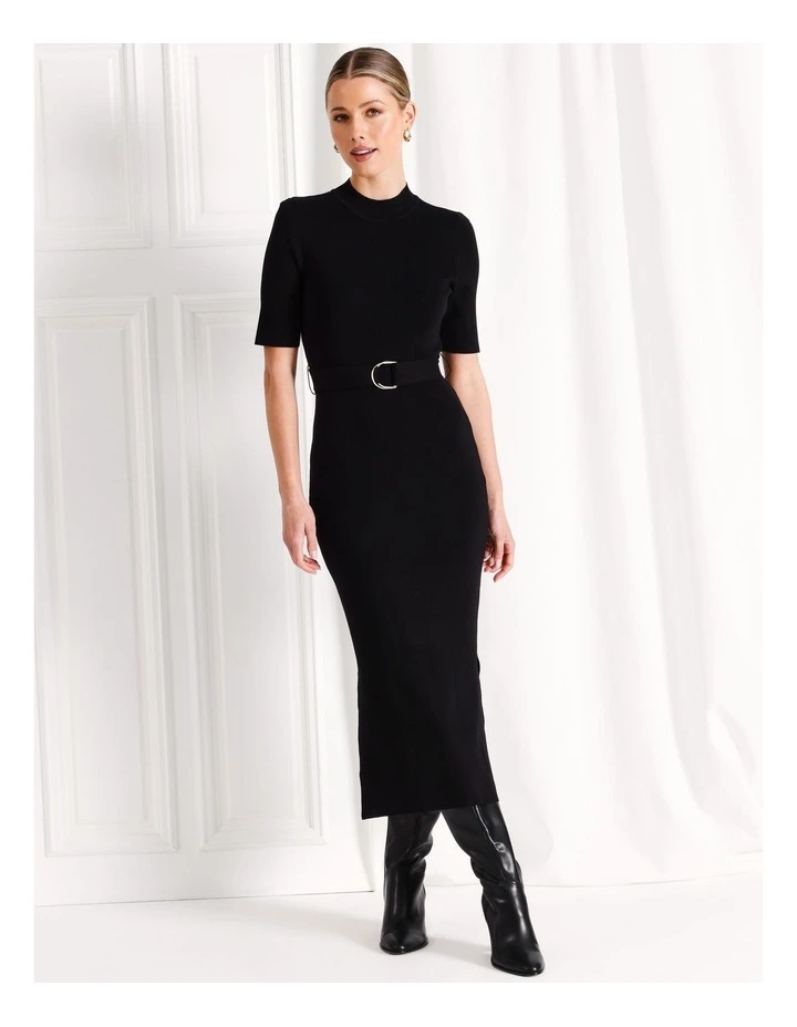 High Neck Short Sleeve Knit Midi Dress in Black