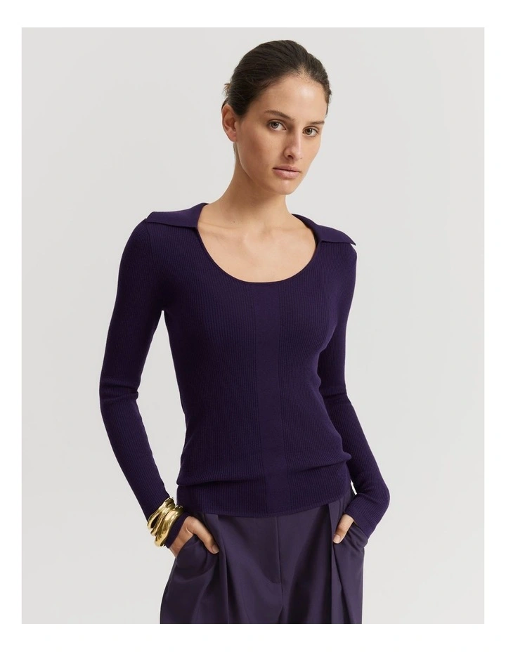 Australian Merino Wool Silk Collared Knit in Eggplant