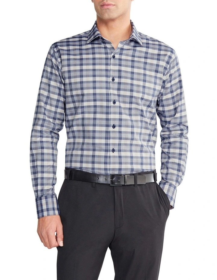 Tailored Fit Long Sleeve Twill Check Shirt in Tan Navy