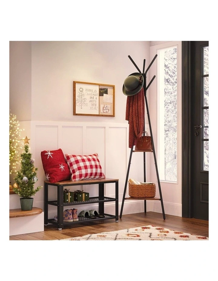 Shoe Rack Bench with 2 Mesh Shelves in Rustic Brown/Black