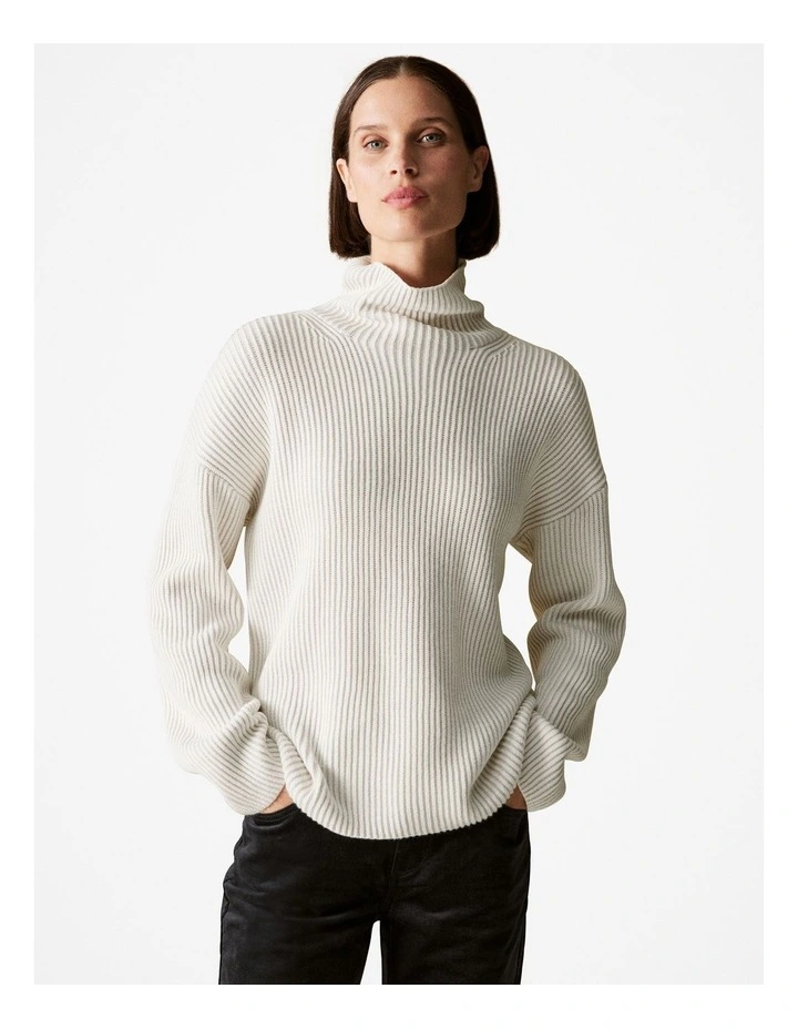Cotton Cashmere Blend Rib Mock Neck Pullover in Parchment