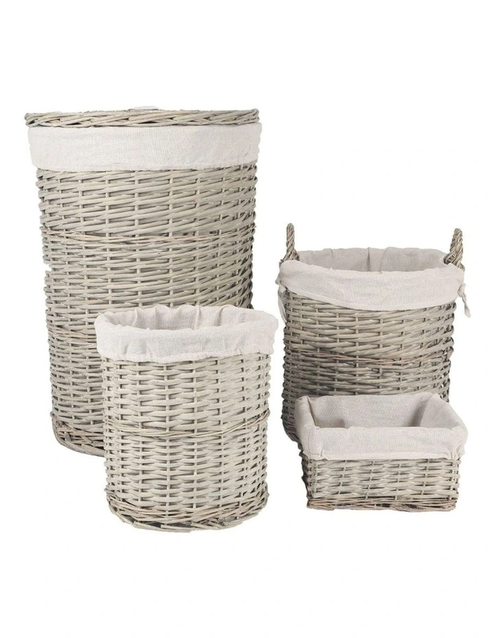 Wicker Storage Baskets with Liner Set 4 Piece in Grey