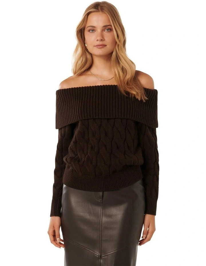 Sadie Cable Bardot Jumper in Brown