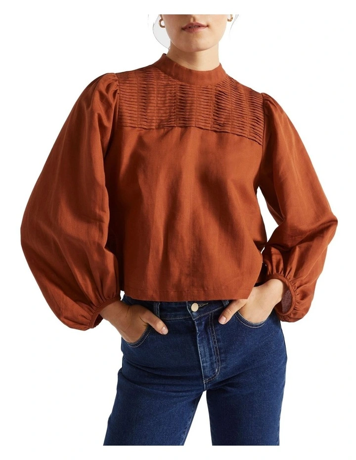 Linen Blend Pintuck Blouse in Orange