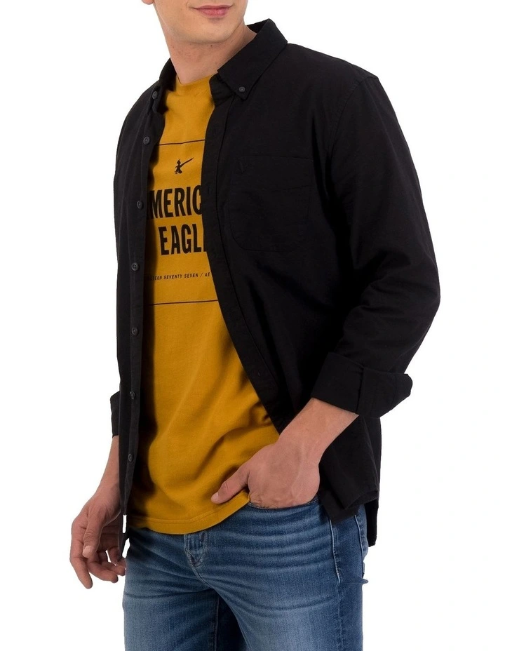 Slim Fit Oxford Button Up Shirt in Black