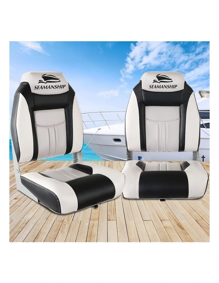 Seamanship 2X Folding Boat Seats Swivel High Back 12cm Padding in Grey