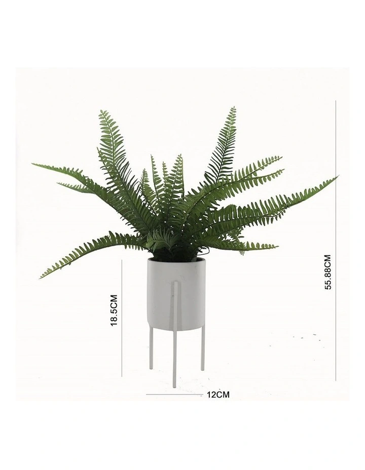 Artificial Boston Fern Plant in Ceramic Pot with Stand in Green/White
