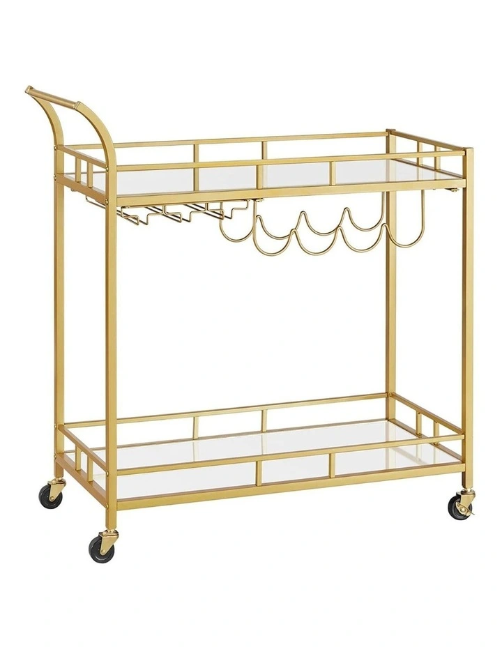 Serving Bar Cart with Wheels And Wine Bottle Holders in Gold