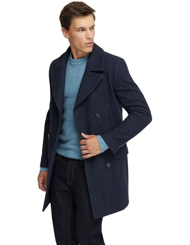 Mason Herringbone Wool Rich Coat in Blue
