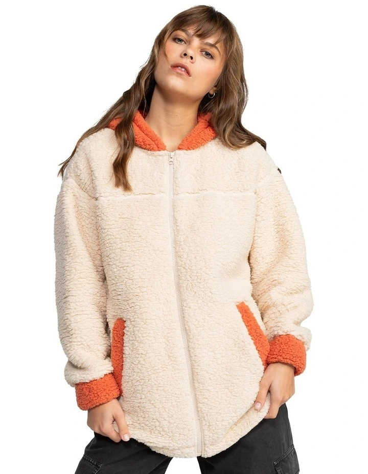 Weekend Plans Blocked Sherpa Zip Up Jacket in Apricot Brandy