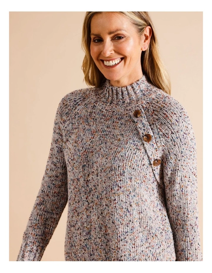 Button Side Neck Curved Hem Jumper In Grey With Bright Flecks