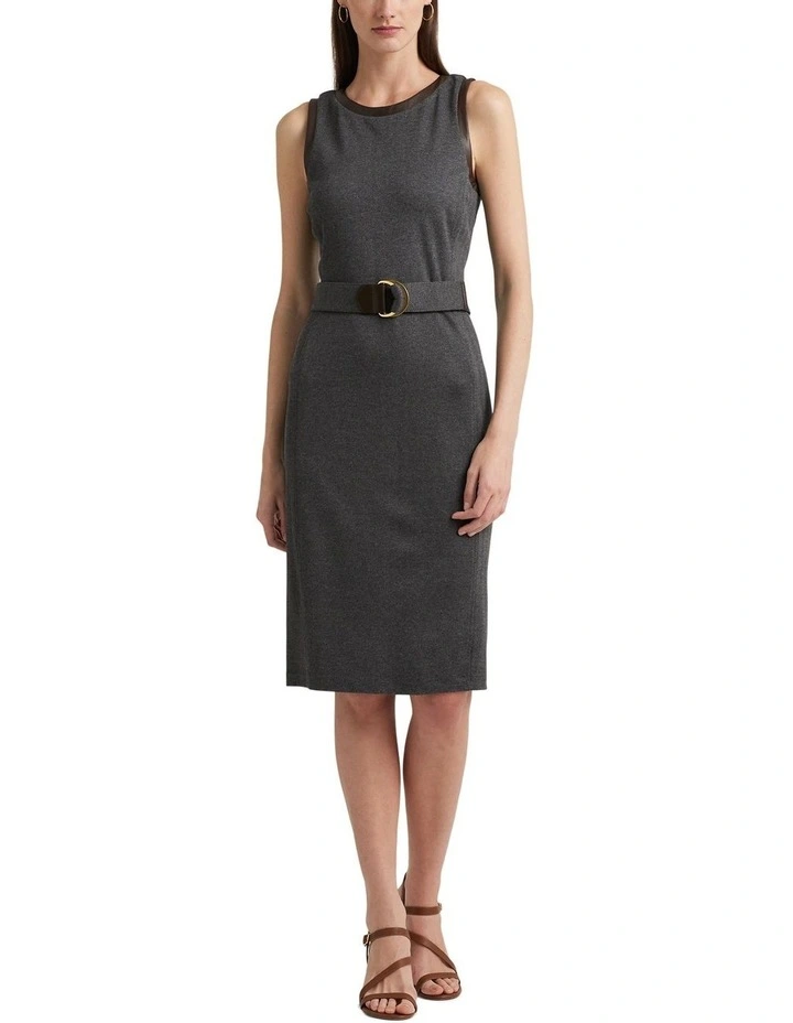 Faux-Leather-Trim Belted Jacquard Dress in Grey