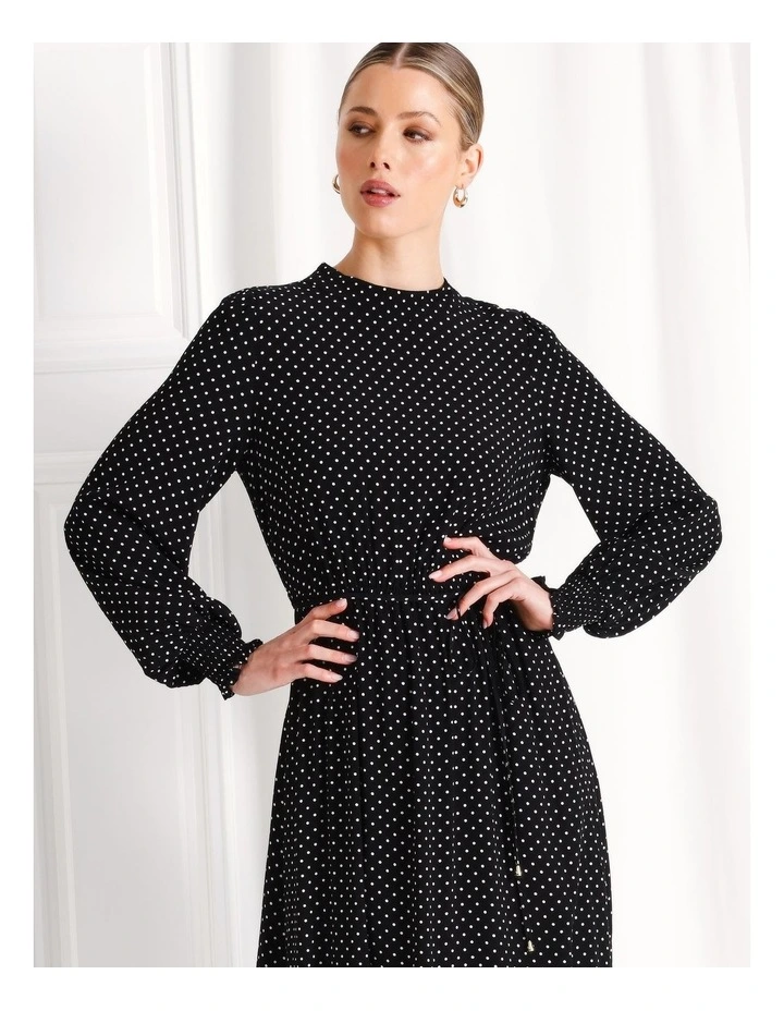 Long Sleeve Shirred Cuff Midi Dress in Black
