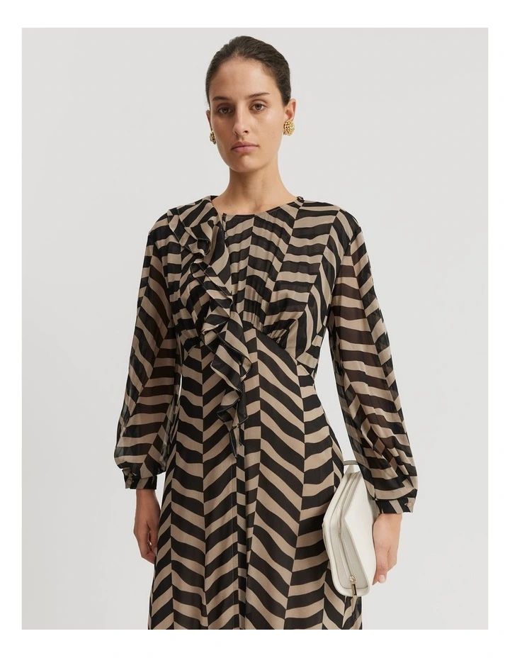 Print Ruffle Detail Maxi Dress in Herringbone
