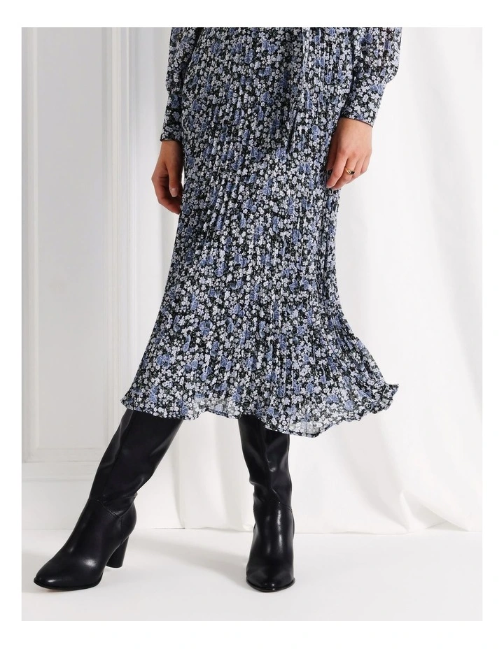 Recycled Long Sleeve Pleated Midi Dress in Blue