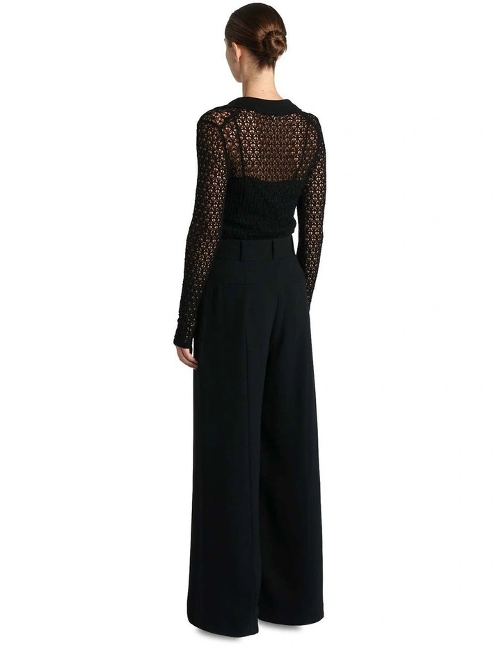 Polo Collar Lace Knit Top in Black