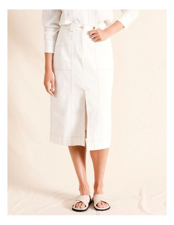 A-Line Split Front Denim Skirt in White