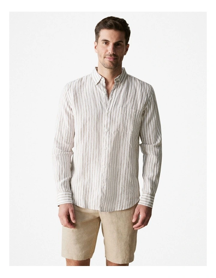 Regular Fit Delave Linen Bold Stripe Shirt in Sahara