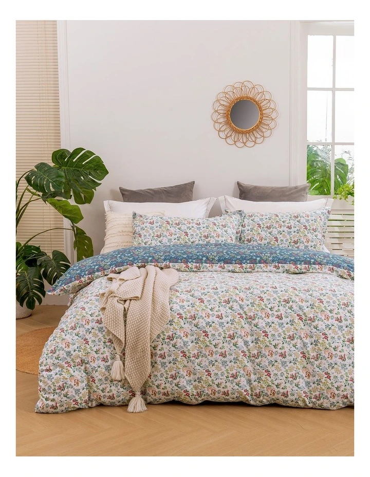 Olivia Floral Cotton Reversible Quilt Cover Set in Blue