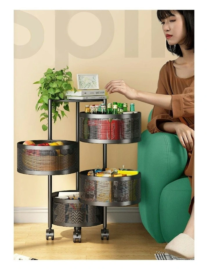 4 Tier Steel Round Rotating Kitchen Storage Organizer with Wheels in Grey