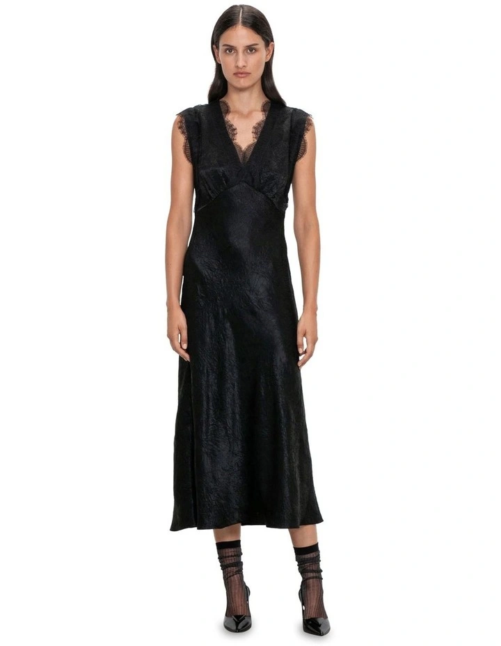 Crushed Satin Lace Dress in Black