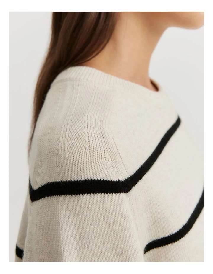 Cotton Blend Stripe Crop Crew Neck Knit Jumper in Black Stripe